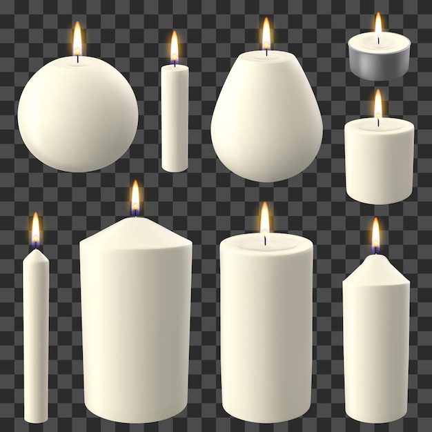 Velas realistas. vacaciones a la luz de las velas, romántica y acogedora vela de cera llameante, celebración de fiestas luces encendidas conjunto de ilustración. vela de fuego romántica, forma de vela de cera