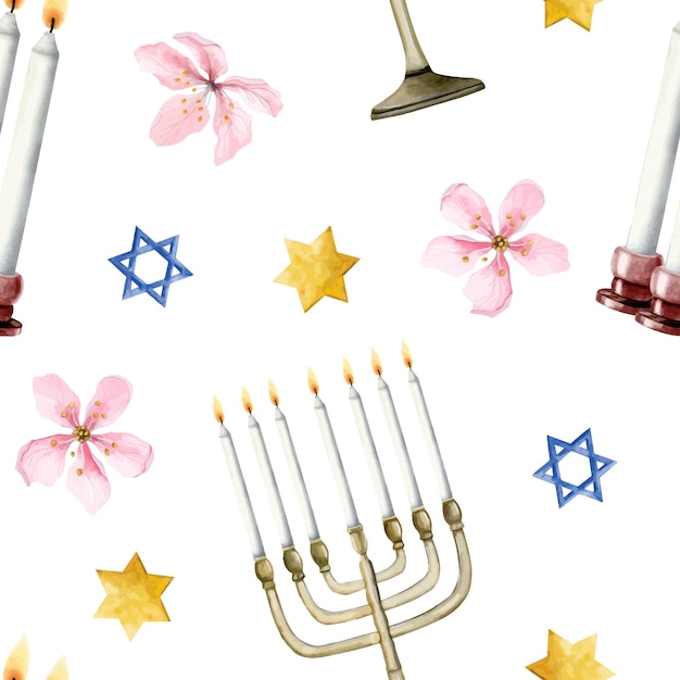 Vector velas de shabat menorá judía estrellas de david y flores acuarela de patrones sin fisuras en blanco