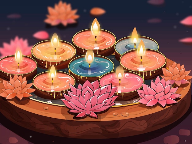 Velas de té iluminadas flotantes y flor de loto dentro de un cuenco de agua para la celebración de diwali