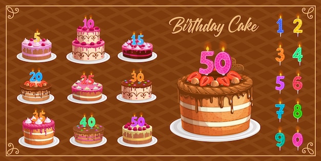 Velas en tortas de cumpleaños con números de edad de uno a diez iconos aislados. Feliz cumpleaños, celebración de fiestas. Cupcakes y dígitos de velas de colores con luz de fuego, velas de aniversario