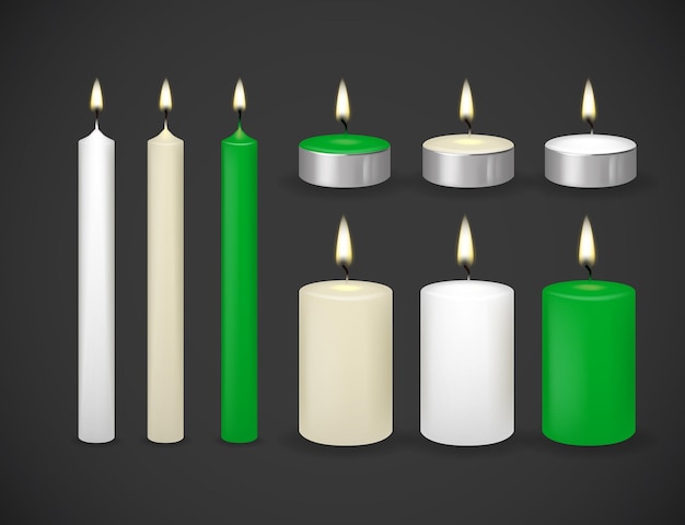 Velas verdes y blancas flamean un conjunto realista aislado en un vector de fondo oscuro ilustración 3d