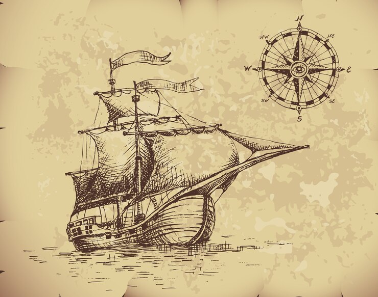 Vector velero dibujado a mano y brújula en papel viejo.