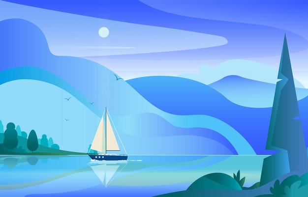 un velero está navegando en un lago con el sol brillando sobre el agua