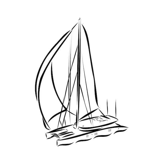 Velero o barco en el océano en estilo de línea de tinta. Yate esbozado a mano. Diseño de tema marino.