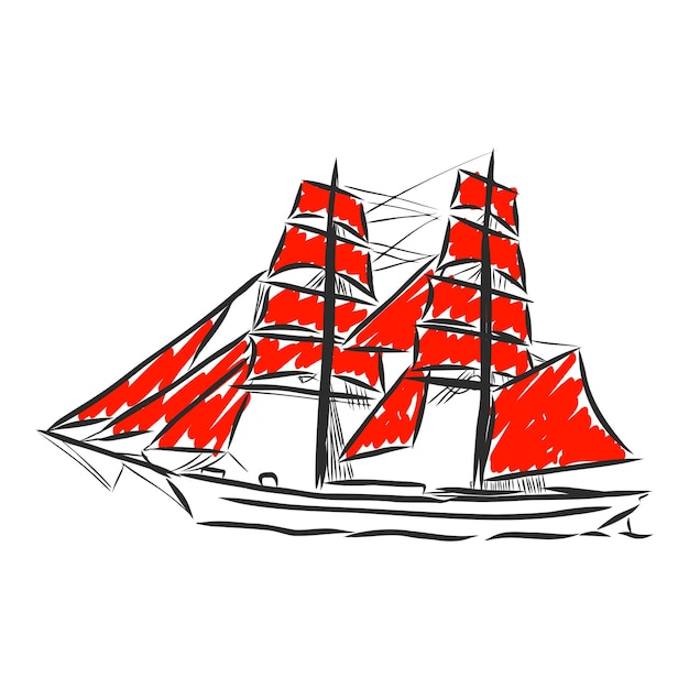 Vector velero o barco en el océano en estilo de línea de tinta. yate esbozado a mano. diseño de tema marino.