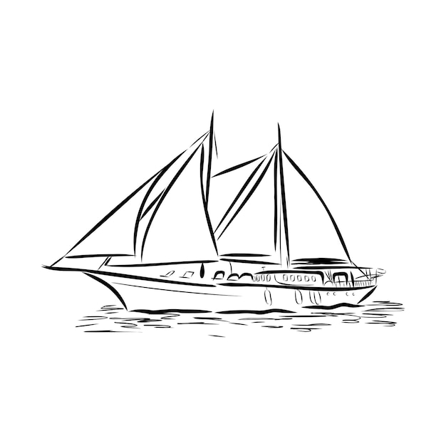 Velero o barco en el océano en estilo de línea de tinta. Yate esbozado a mano. Diseño de tema marino.
