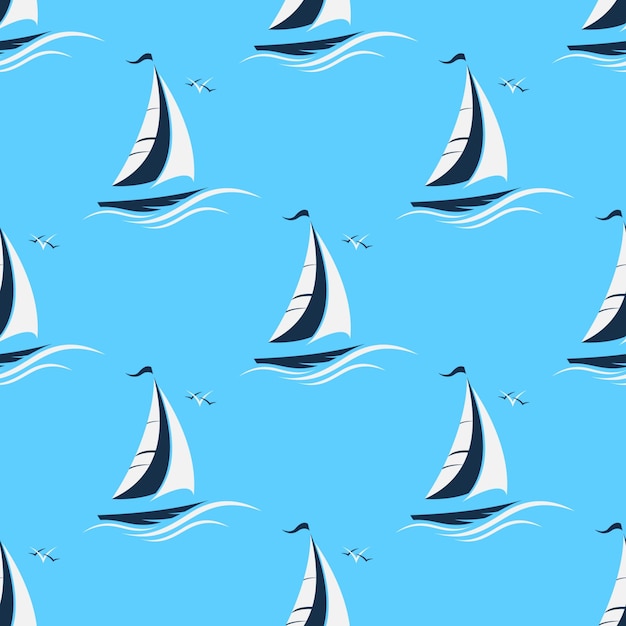 Veleros negros y olas blancas en fondo azul patrón sin costuras vectorial