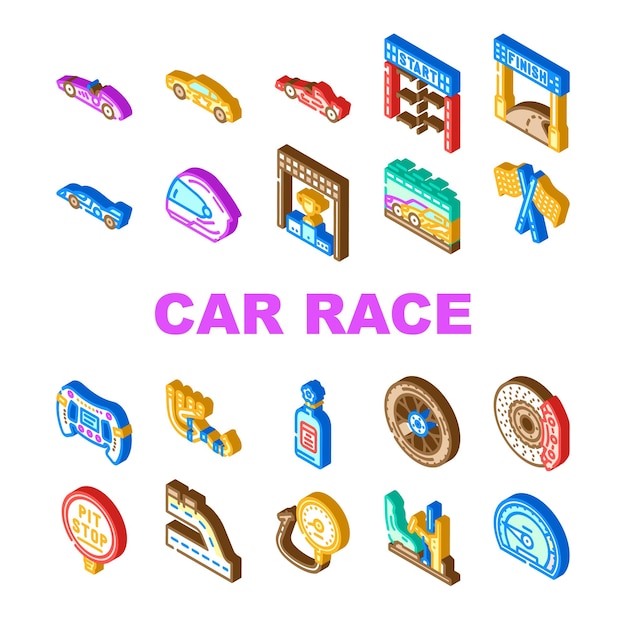 velocidad del auto carrera de autos conjunto de iconos vector deporte conducir vehículo de carretera automóvil rápido automotor movimiento azul velocidad del auto carrera de autos ilustraciones de signos isométricos
