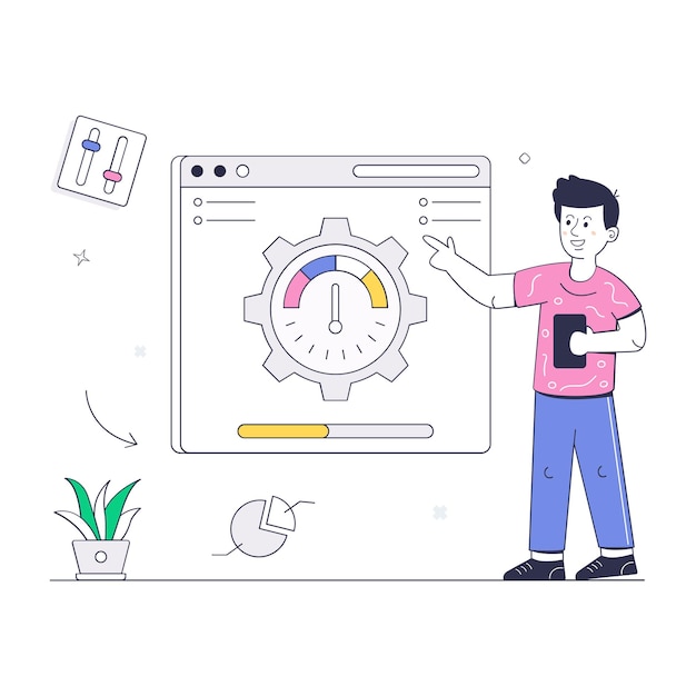 Velocímetro que denota el concepto de ilustración plana de rendimiento web