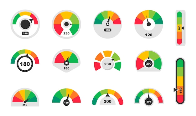 Velocímetros de puntaje de crédito. Indicadores de puntuación. Velocímetros de escala de colores. Ilustración vectorial.