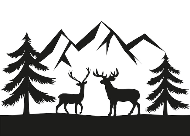 Venado de doble exposición vectorial para su concepto de vida silvestre de diseño Paisaje forestal vintage vectorial con siluetas en blanco y negro de árboles y animales salvajes