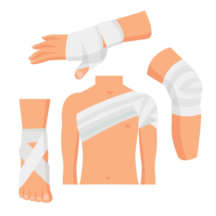 Vector vendaje médico elástico envuelto alrededor de partes del cuerpo humano que incluye ilustración de vector de rodilla, mano y pierna