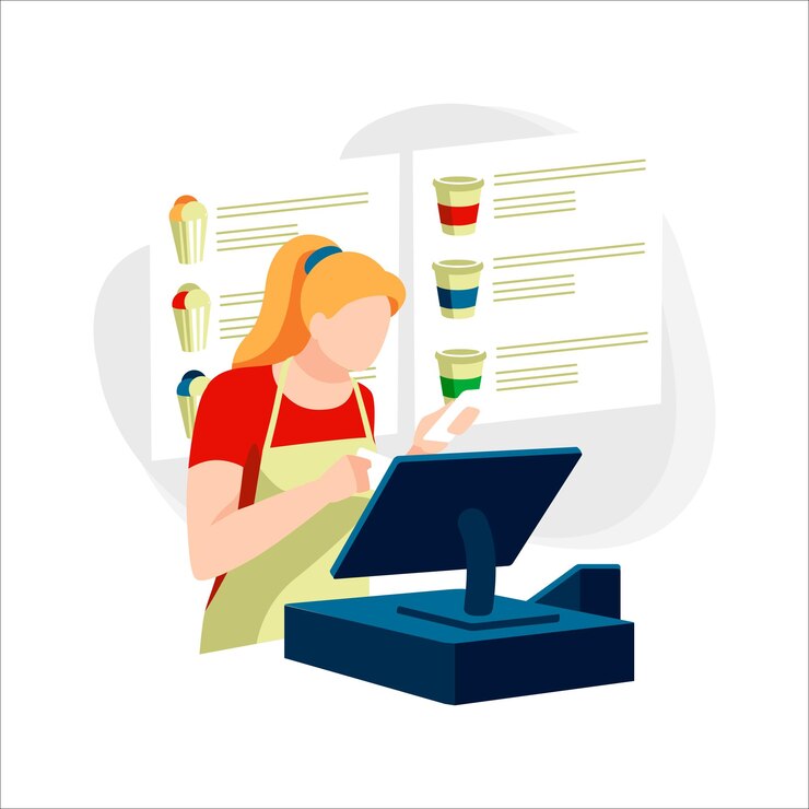 Vector vendedor con caja registradora en el restaurante de comida rápida personaje femenino en delantal en el lugar de trabajo en la cafetería linda mujer trabaja en catering diferentes tipos de café y comida en el marcador ilustración vectorial
