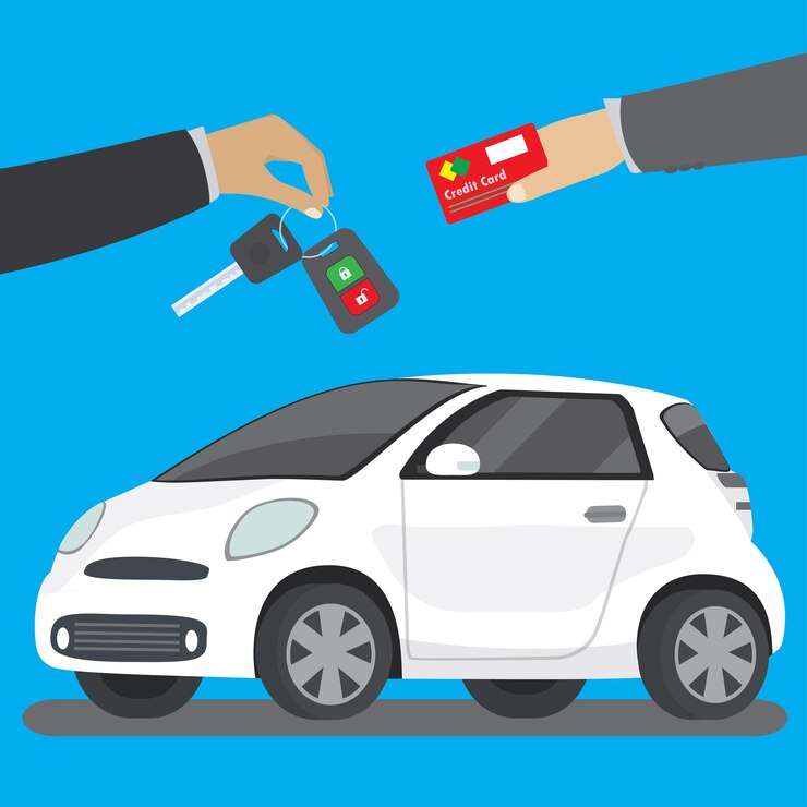 Vector el vendedor de coches da la llave al comprador.
