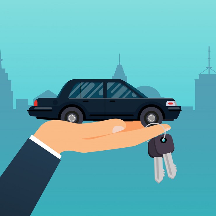 Vector vendedor de coches mano clave para el comprador. servicio de venta, arrendamiento o alquiler de automóviles. concepto de ilustración moderna