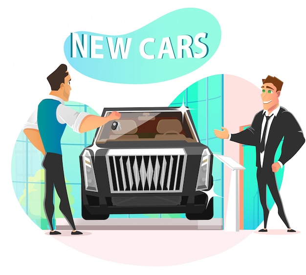 Vendedor dando llaves empresario de coche nuevo