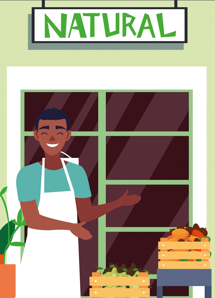 Vector vendedor con fachada de tienda natural de frutas frescas