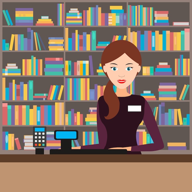 Vendedor femenino en una librería. Ilustración vectorial