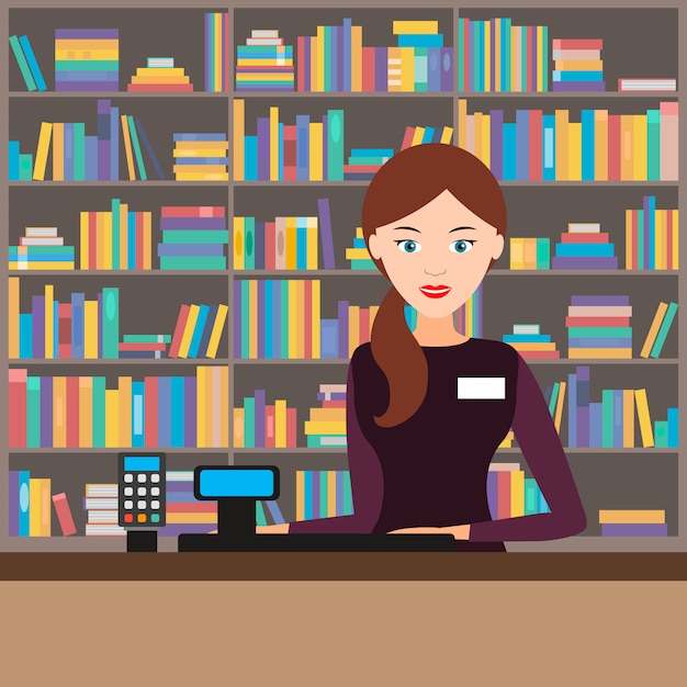 Vendedor femenino en una librería. ilustración vectorial