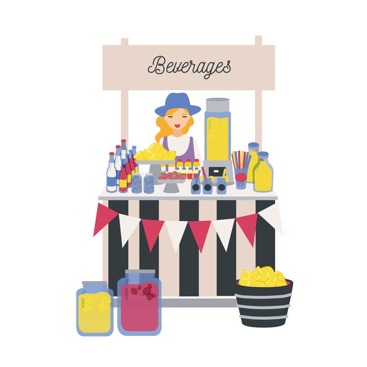 Vector vendedor femenino de pie en el mostrador, puesto o quiosco con limones, limonada y otros refrescos. chica vendiendo bebidas refrescantes en el mercado local de agricultores. ilustración en estilo de dibujos animados plana.