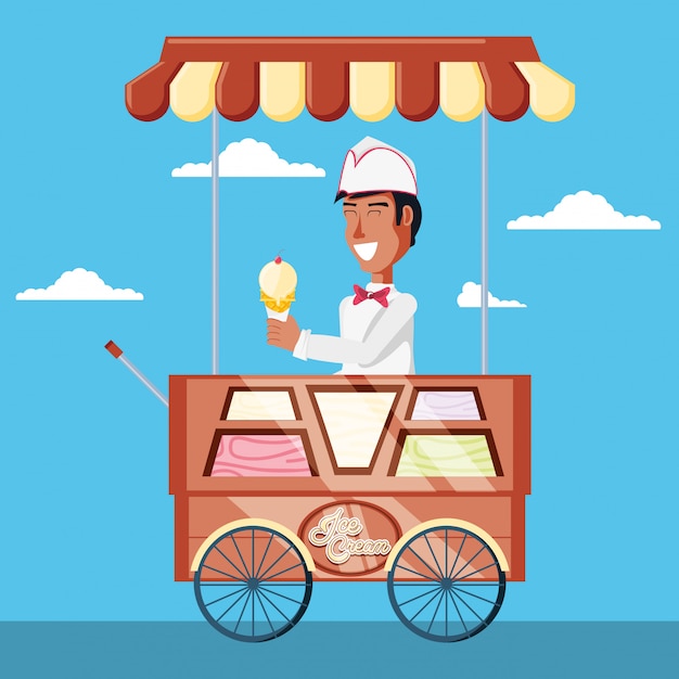 Vendedor de helados hombre en carro kiosco personaje