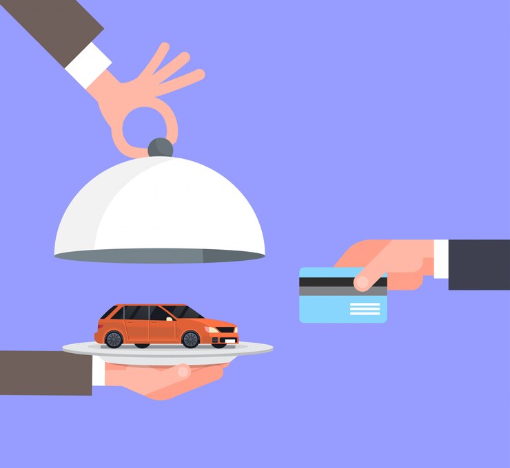 Vector vendedor, hombre, mano, dar, vehículo, en, bandeja, a, dueño, con, tarjeta de crédito, coche, venta, compra, concepto de alquiler