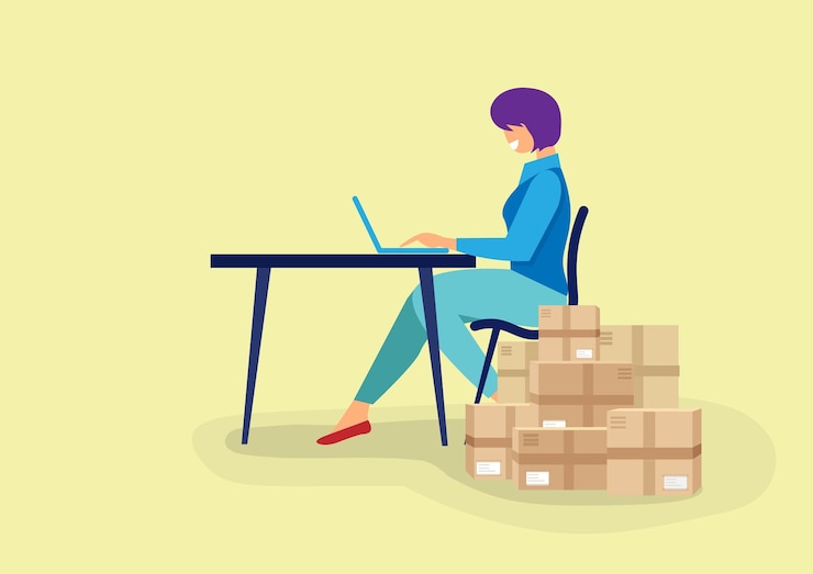 Vector el vendedor en línea revisa el pedido después de su publicación, listo para enviar a los clientes felices compras en línea vector de ilustración de dibujos animados de estilo plano