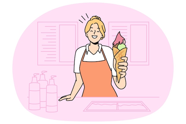 Vendedor de niña sonriente estirar la mano con helado de vendedor ambulante mujer feliz dar postre congelado comercio y pequeña empresa ilustración vectorial