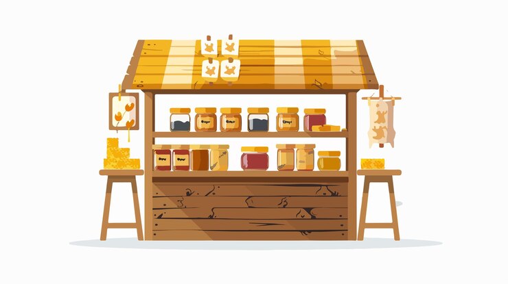 Vector vendedor profesional de puestos de mercado que vende mermelada de miel natural