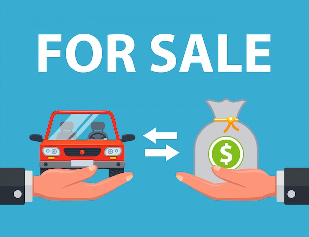 el vendedor vende el auto al comprador por dinero. ilustración plana