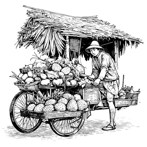 Vendedor de verduras vintage grabado en blanco y negro