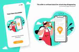 Vector la vendedora está confundida por la desaparición de su tienda virtual en el comercio electrónico