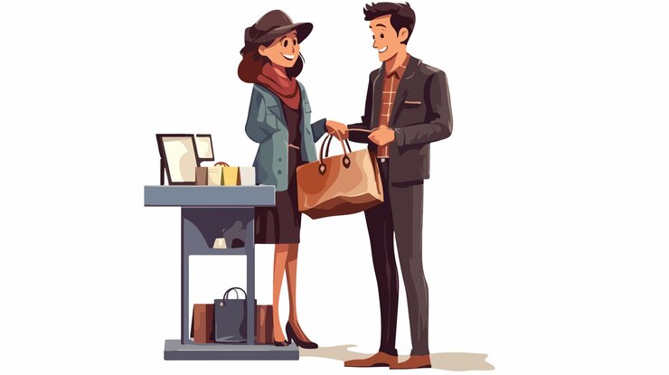 Vector vendedora profesional entregando una bolsa a un cliente masculino en el mostrador de pago