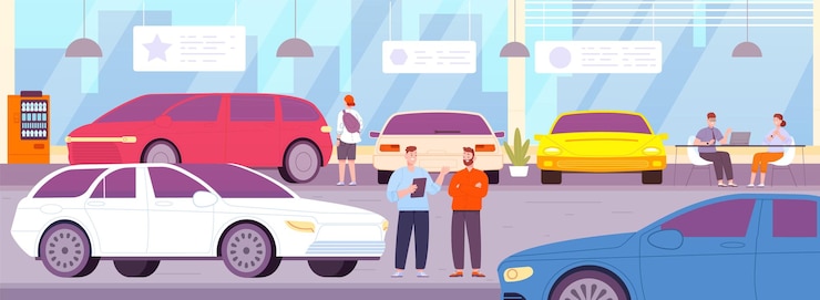 Vector vendedores de automóviles vendedores de automóviles con comprador de automóviles propietario en la sala de exposición de automóviles tienda de concesionarios de automóviles personas que venden o alquilan vehículos oficina de venta de automóviles ilustración vectorial del vendedor servicio de automóviles