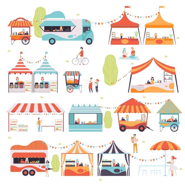 Vendedores de comida callejera que venden comida en quiosco, camión de comida y carrito, ilustración vectorial