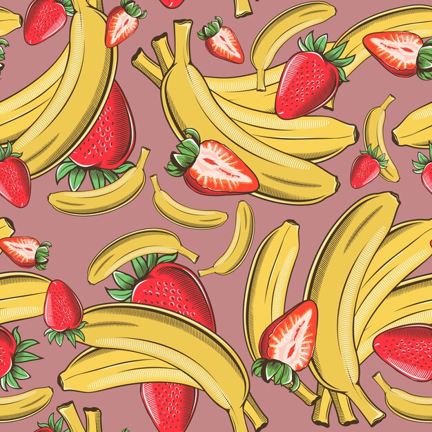 Vendimia de patrones sin fisuras con plátanos y fresas.