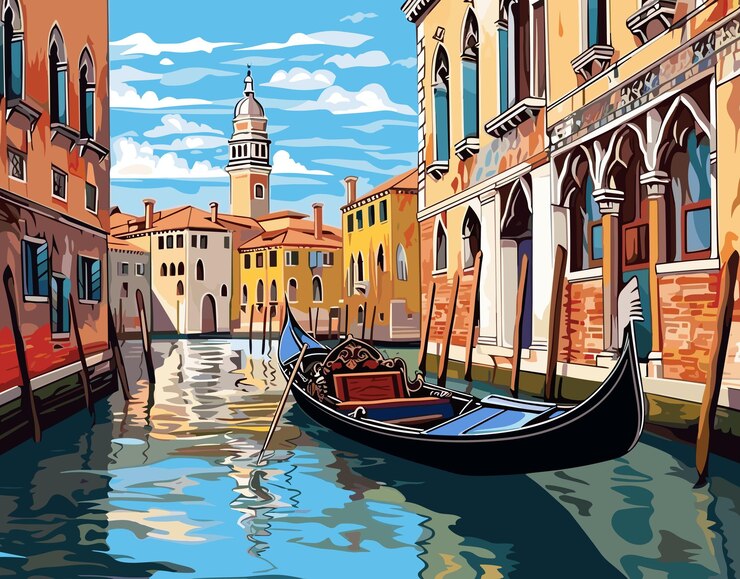 En Venecia, una góndola espera junto al agua. Los tonos terracota y ámbar definen la arquitectura con balcones ornamentados y un alto campanario. Serenos canales navegan por la ciudad.