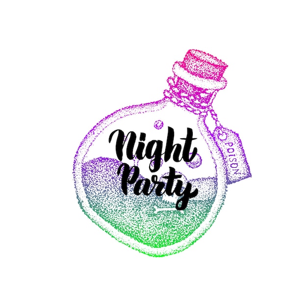 Veneno de Dotwork de fiesta nocturna. Ilustración de vector de botella Handdrawn.