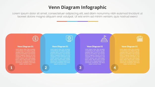 Venn diagrama concepto infográfico para la presentación de diapositivas con cuadrado redondo en dirección horizontal con lista de 4 puntos con estilo plano