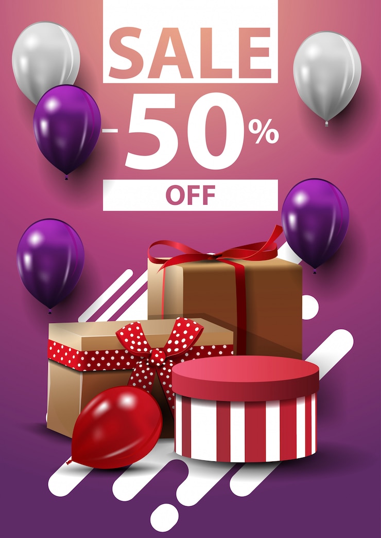 Vector venta, hasta 50% de descuento, banner web vertical con globos y regalos
