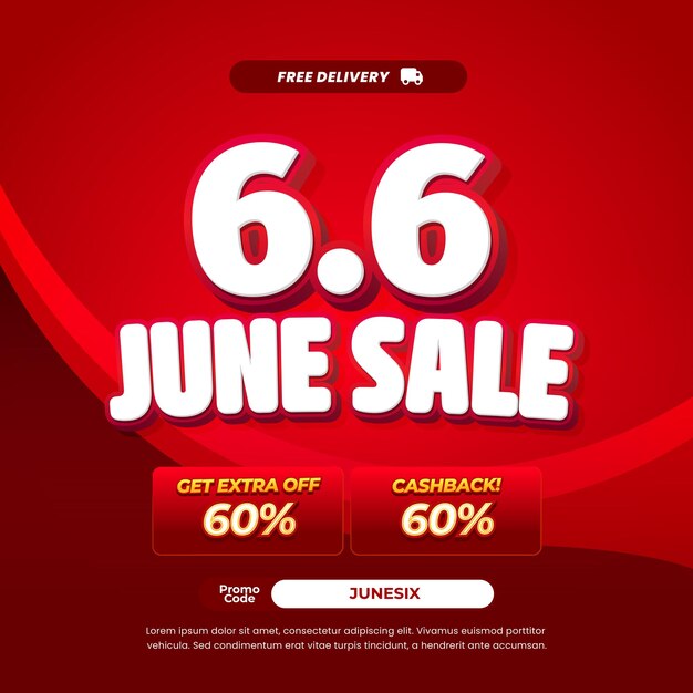 Venta de 66 de junio Banner de venta rojo en negrita con código promocional editable y reembolso