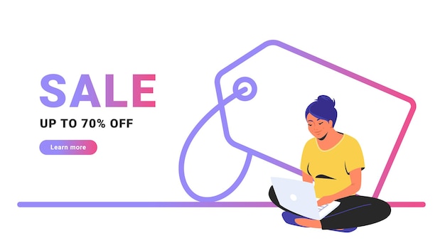 Venta de hasta 70 de descuento en banner promocional creativo. ilustración de vector de línea plana de linda mujer sentada sola en posición de loto con laptop y compras en línea. icono de etiqueta de precio contorneado sobre fondo blanco