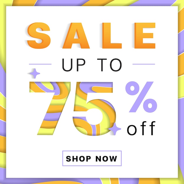 Venta hasta 75 de descuento Promoción Descuento Compras en línea Capa 3D Tarjeta de papel recortada Publicidad Banner web