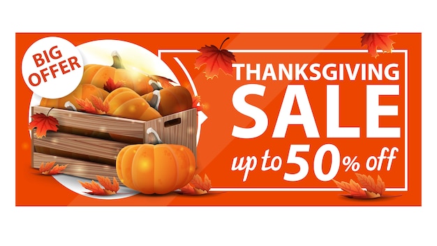 Venta de Acción de Gracias, hasta 50% de descuento, banner web de descuento naranja con cajas de madera de calabazas maduras y hojas de otoño