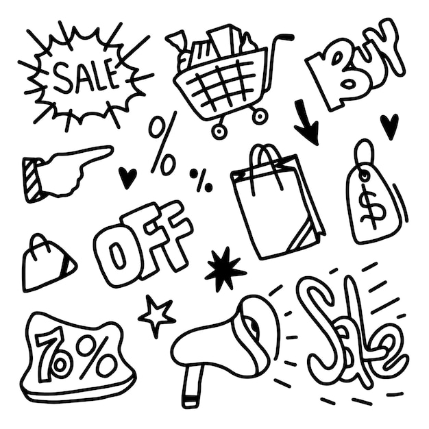 Venta al por menor de compras y descuento de dibujos dibujados en diferentes estilos Ilustración vectorial aislada en w