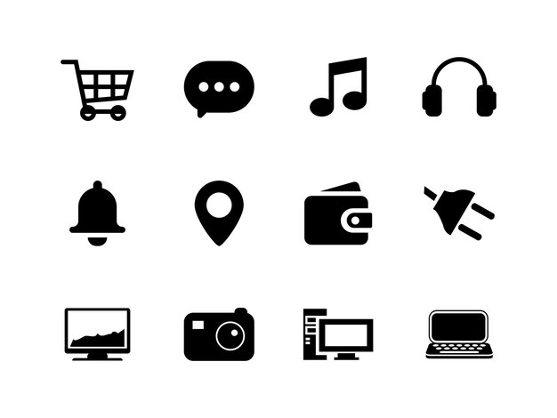 Venta al por menor Mensajes de compras de consumo Cámara de música Laptop escritorio negro Conjunto de iconos