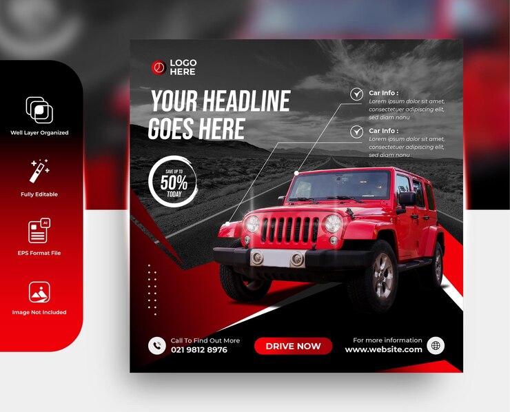 Vector venta y alquiler de coches cartel de instagram diseño de plantilla de redes sociales