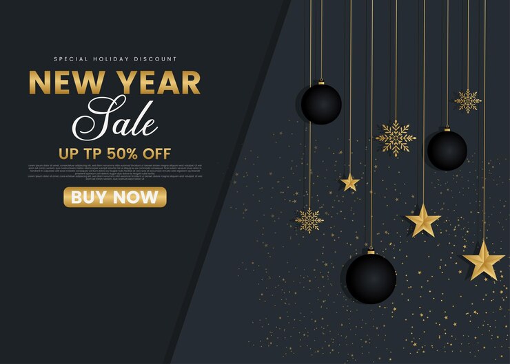 Vector venta de año nuevo 50 de descuento en el diseño de plantillas de banner de fondo oscuro con xmas y elementos festivos