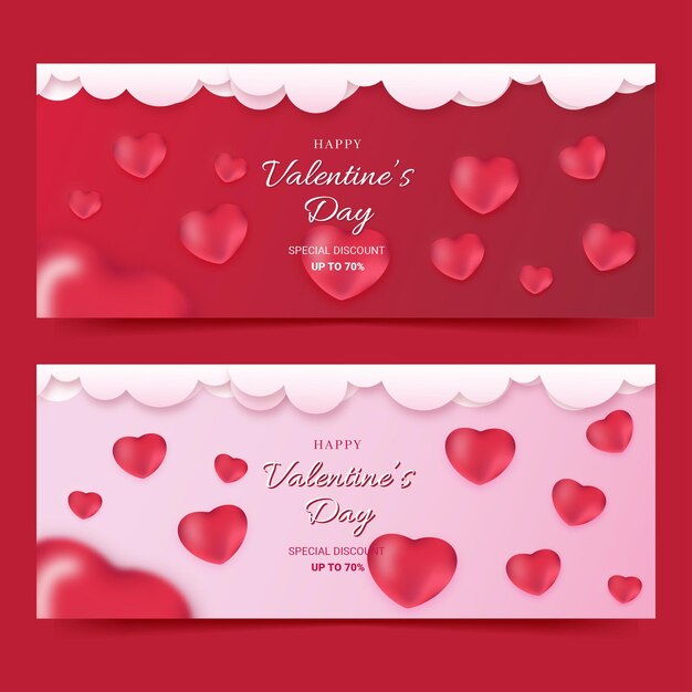 Venta de banner de San Valentín descuento especial con elemento de globo de amor color rosa dulce