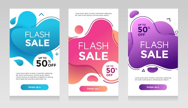 Venta de banners flash con color liquido abstracto. Diseño de plantilla de folleto de venta, oferta especial de venta en Flash